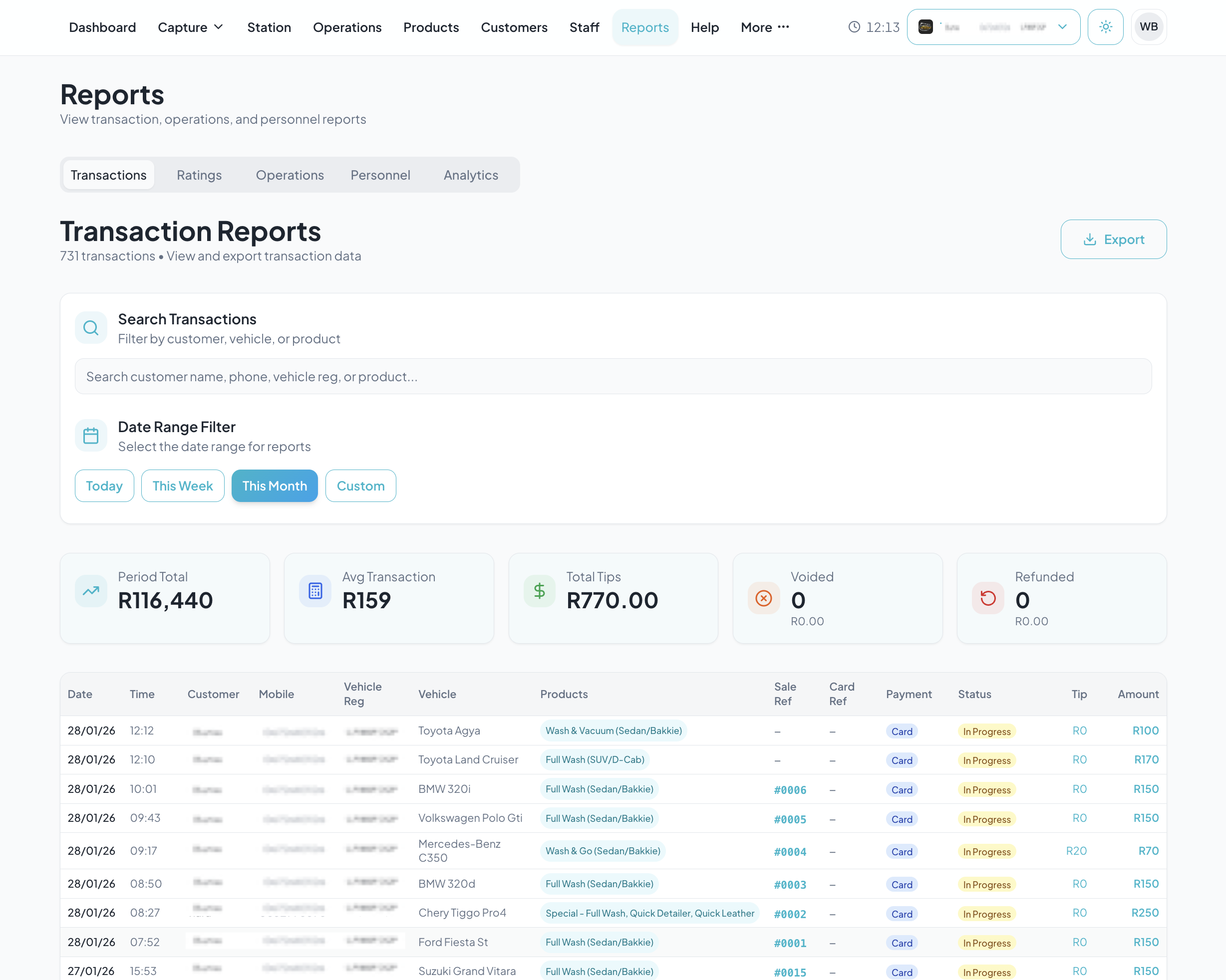 WashBase transaction reports with detailed data export
